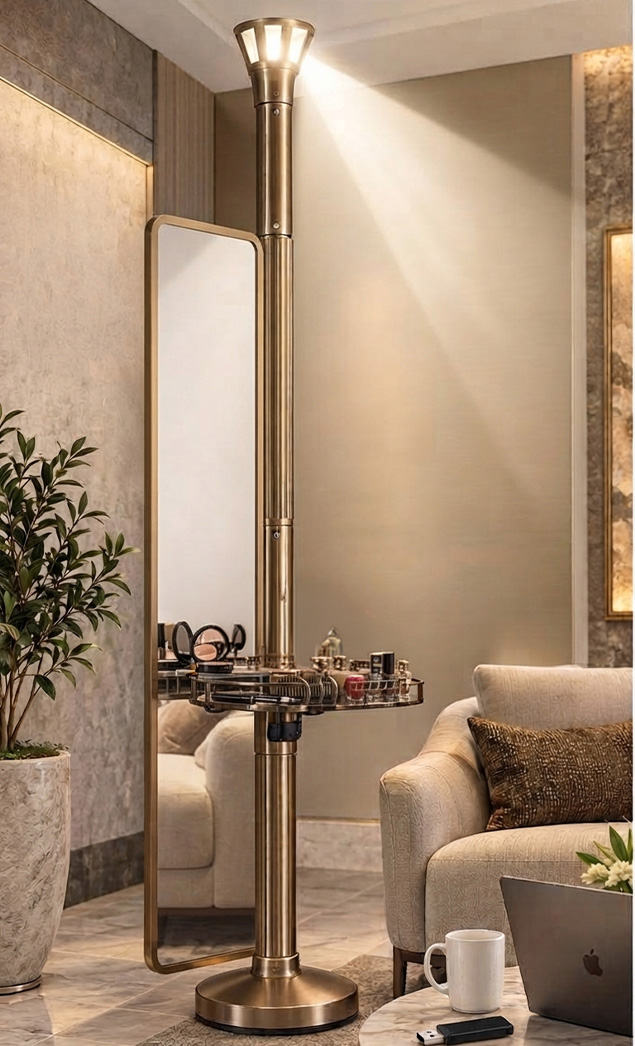 Gold LiFi Lamp styled beside a vanity