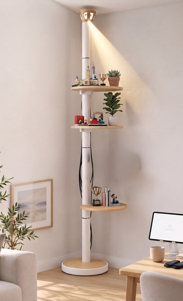 White LiFi Lamp styled with display shelves in a living room